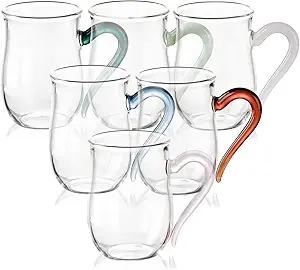 COMI Glass Coffee Cups,8oz Clear Coffee Cups Set of 6,Lightweight Glass Mugs with Colorful Handles,Heat Resistant & ExplosionProof, Perfect for Home, Cafe, Office