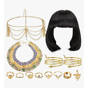 Ecally 13 Pcs Halloween Egyptian Headpiece Costume for Women Jewelry Accessories Short Black Bob Wigs Tassel Head Chain Snake Arm Cuff Collar Necklace Finger Rings for Party Supply