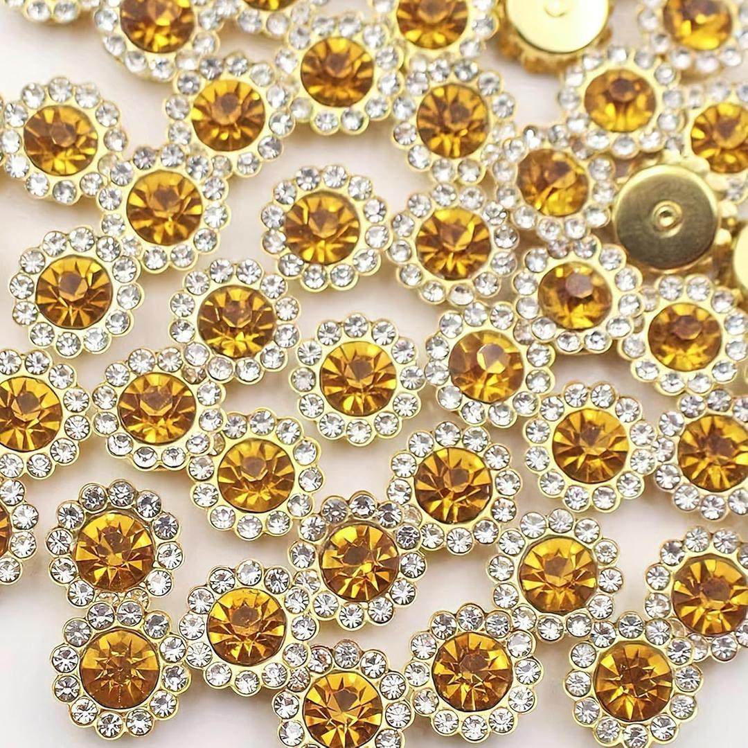 50pcs Crystal Flower Shape Rhinestone Buttons for DIY Jewelry Accessories Clothing Shoes Bags Yellow 11.8mm