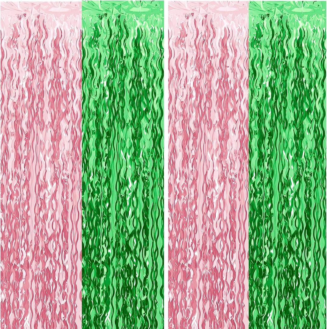 Pink and Green Wavy Tinsel Foil Fringe Curtains Photo Booth Backdrop for Green Pink Theme Birthday Party Witch Decorations(3 Pack,3.2 ft x 6.6 ft)