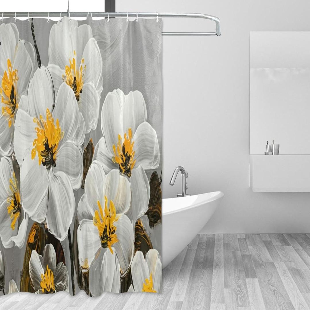J JOYSAY White Poppy Flower Gray Fabric Shower Curtains with Buttonholes Hooks Water Repellent Washable Cloth Shower Curtain for Hotel Bathroom 72x72 Inch