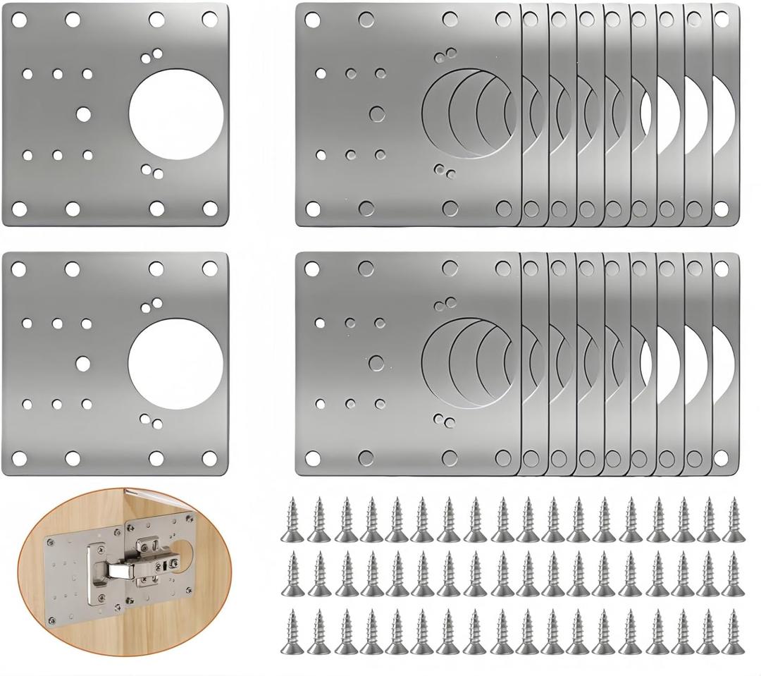 20PCS Upgraded Cabinet Hinge Repair Plate Kit: FOGZUVR Durable Door Hinge Mounting Plate Stainless Steel, Large Cabinet Fix Board with Screws for Kitchen Cabinet, Cupboard Doors and Furniture