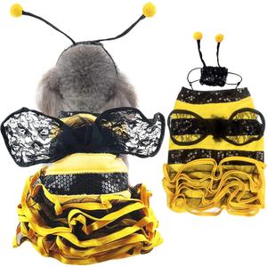 Bee Dog Costume Bumblebee Pet Dress with Cap, Funny Dog Halloween Costumes Outfit for Small Medium Dogs Cats for Christmas, Birthday Party Photo Props Dress up Accessories Parade, Small