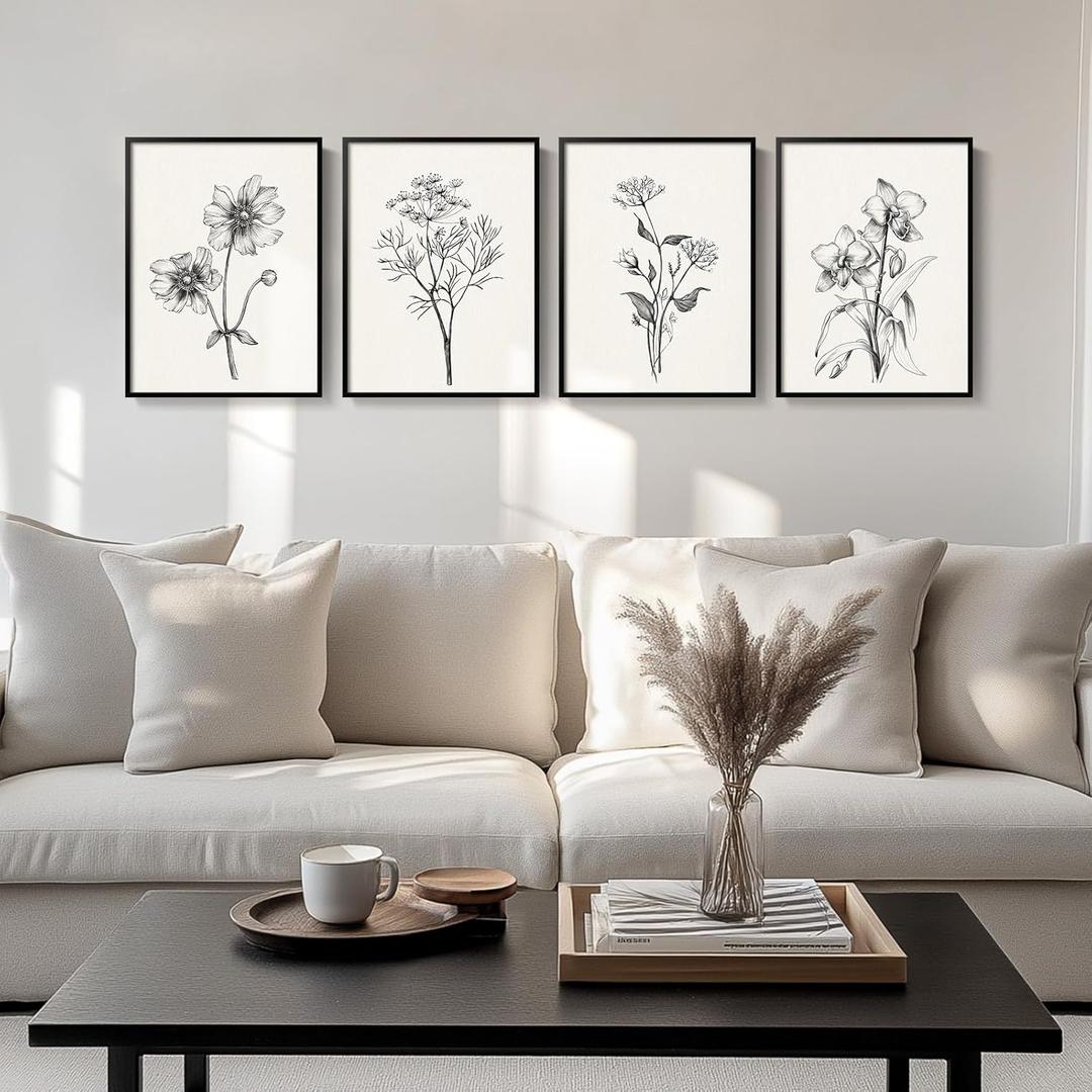 Framed Black and White Floral Wall Art for Living Room, 4 Piece Vintage Botanical Canvas Painting Prints Artwork for Walls, Rustic Minimalist Flower Pictures for Bedroom Hallway Kitchen Wall Decor
