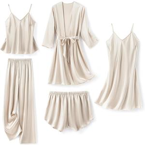 SAPJON Silk Pajamas for Women 5Pcs Sleepwear Loungewear Satin Robe Cami Shorts Pj Set (X-Large, Light Grey)