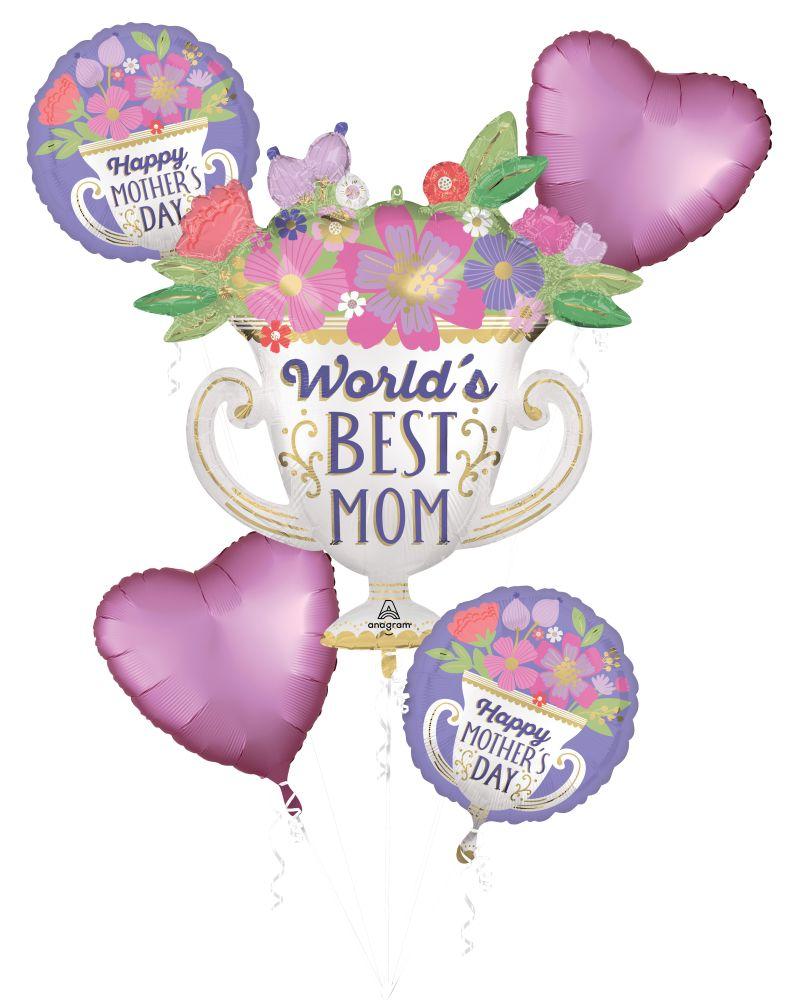 Balloon Bouquet Satin World’s Best Mom Trophy and Flowers 5pcs – Anagram