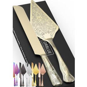 Orblue Wedding Cake Knife and Server Set - Premium, Beautifully Engraved Cutting Set - Elegant Keepsake for Newlyweds - Light Gold