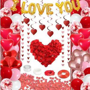 72 Pcs Valentines Day Decor Kit, Happy Anniversary Decorations - Balloon Set, 1000 Pcs Dark-Red Rose Petals, "I LOVE YOU" banner, Multi Decors For Romantic Decorations Special Night