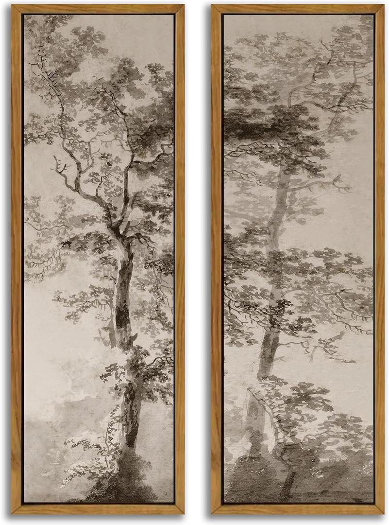 Framed Vintage Tree Sketch Wall Art,Tall Narrow Sepia Antique Forest Prints, 24"Lx8"W
