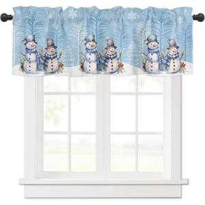 Blue Winter Christmas Curtain Valance for Windows/Living Room/Kitchen/Bathroom/Farmhouse, Holiday Snowman Xmas Pine Tree Snowflake Curtain Short Rod Pocket Tier Curtain Window Treatment Panel 54x18