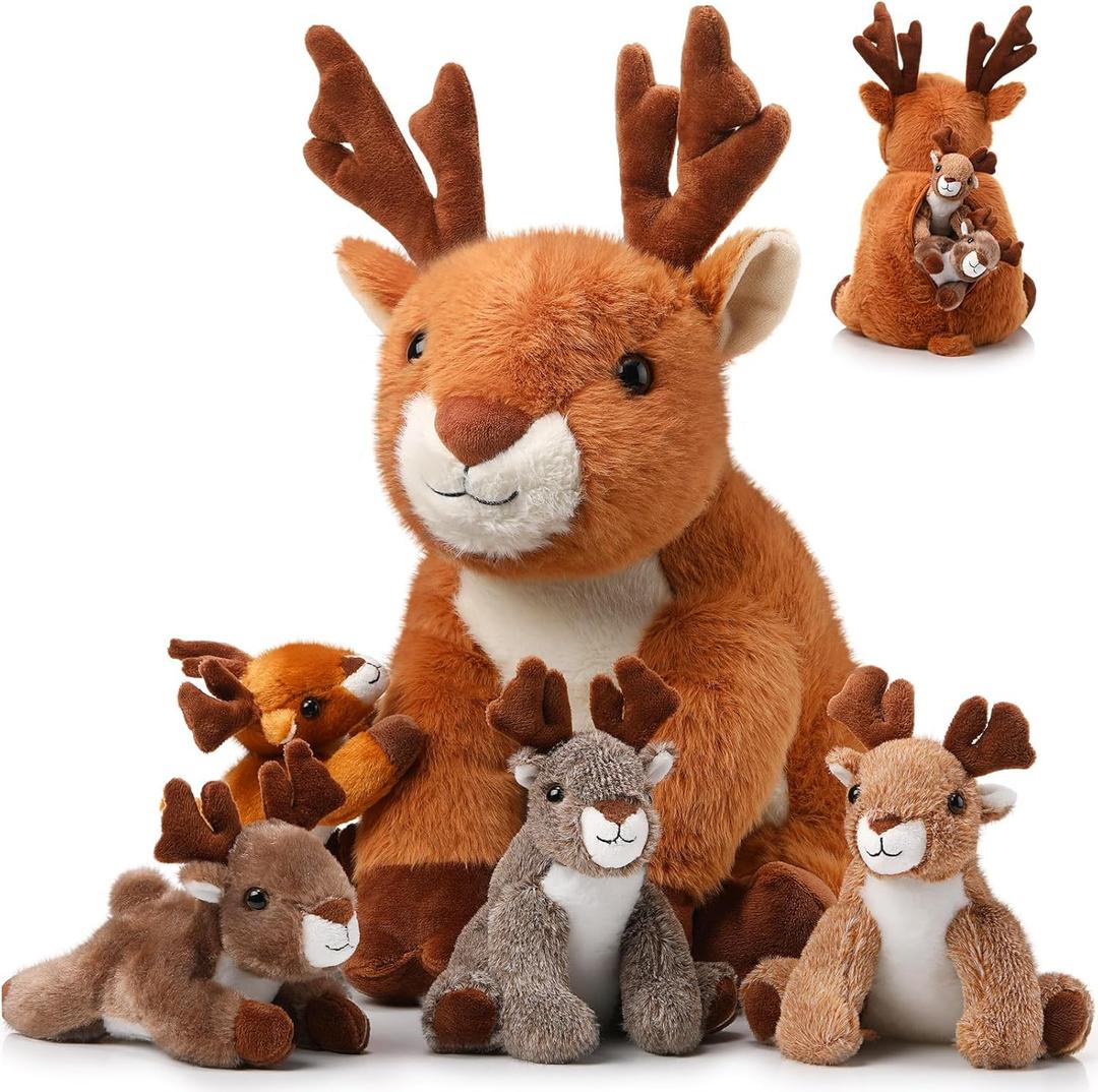 Poen Plush Deer Stuffed Animal Set 16 Inch Cuddly Mommy Deer Plush with 4 Cute Little Plushes in Her Zippered Tummy for Kids Birthday Baby Shower Decor Gift Woodland Party Favors(Sitting)