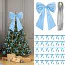 17x23 Inch Large Blue Bow for Christmas Tree Topper Christmas Tree Decoration Set: 24 Small Velvet Bows, 1 Pcs Big Tree Topper Bow, 3000 Strands of Tinsel Icicles for Holiday Decor (Blue)