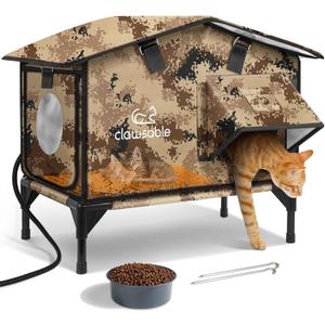 Upgraded Heated Cat House for Outside Escape Door, Highly Insulated Heated Outdoor Cat House Waterproof Awning, Weatherproof Outdoor Feral Cat Shelter for Stray Winter (22.0"L x 12.0"W x 20.0"H, Desert Camo)