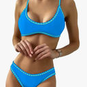 ZAFUL Women's Contrast Trim Piping Crochet High Cut Tie Back Bralette Bikini Set (Light Blue, S)