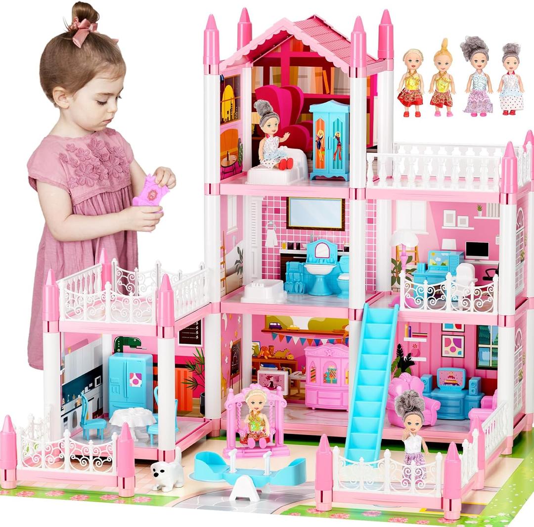 Doll House for Girls, DIY Dream Dollhouse with Furniture and Rooms Accessories, Miniature Pretend Playhouse with Lights, Building Princess House Dolls Playset Figures Toys Kit Gift for Ages 3+