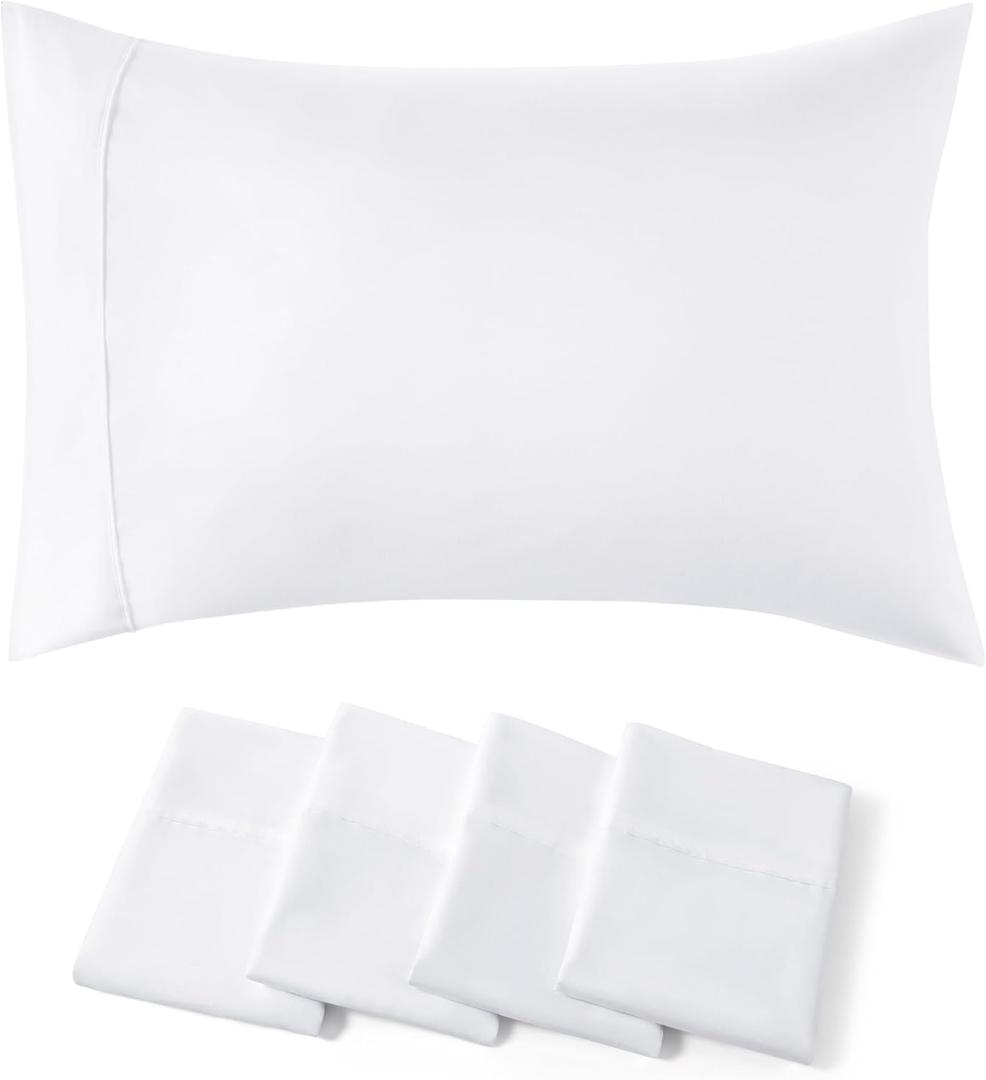 Queen Pillow Cases Set of 4 - White Brushed Microfiber Pillowcases 4 Pack, Super Soft Pillowcase, Pillow Case Covers with Envelope Closure, Wrinkle, Fade and Stain Resistant