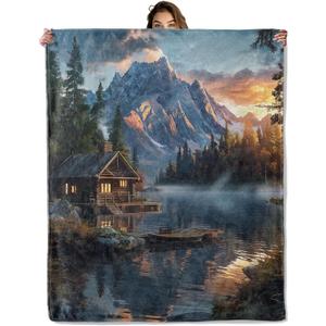 Mountain Cabin Blanket 50x60 in, Flannel Throw Blankets for Travel Camping Sofa Living Room Decor, Lightweight Cozy Soft Fuzzy Gifts for Women Adults Kids