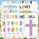 2 x Easter Christian Bulletin Board Set Jesus Loves All His Classroom Decorations Bunny Cross Eggs Religious Bulletin Board Cutouts for Easter Spring Sunday School Church Chalkboard Decor Supplies