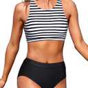 Tempt Me Women High Waisted Bikini Two Piece Swimsuits High Neck Crop Top Racerback Sporty Bathing Suits for Teen Girls (X-Small, Black and White Striped)