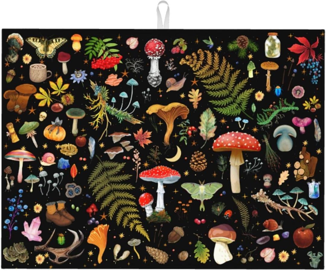 Mushroom Dish Drying Mat Witchy Home Decor For Kitchen Microfiber Absorbent Reversible Dish Pad Draining Mats For Countertop Coffee Mats 18x24 Inch