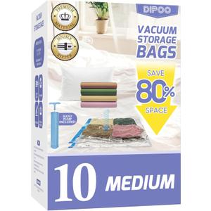 10 Pack Medium Vacuum Storage Bags with Hand Pump, 80% Storage Space Saving, Sturdy Leak-Free Space Saver Vacuum Seal Bags for Clothing, Vacuum Compression Bags for Travel Lugggage