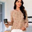 Womens Frill Mock Neck Boho Floral Tops Elegant Puff Long Sleeve Shirts 2025 Casual Vacation Outfits Work Blouse (L)