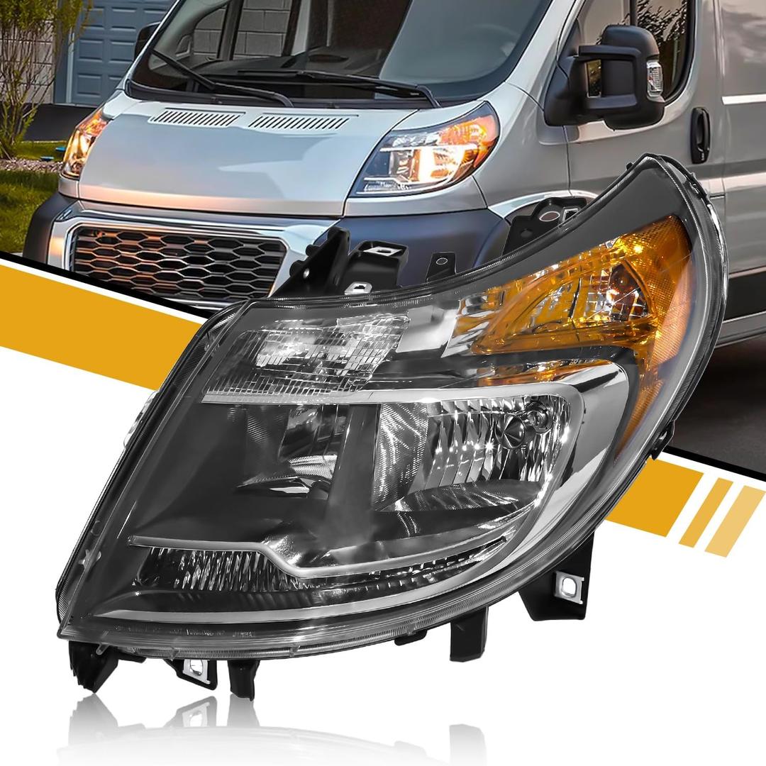 5 Pins Headlight Assembly W/O DRL Compatible with Dodge RAM Promaster 1500 2500 3500 2014-2022, Halogen Headlamp Replacement W/Bulbs, Chrome Housing, 4725945AJ CH2502254 Left Driver Side