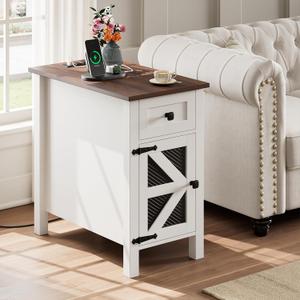 HAIOOU Farmhouse End Table with Charging Station, Narrow Side Tables for Living Room, Bedside Table with Storage Cabinet and Drawer, Slim Wood Nightstand for Small Space(Rustic White), 23.6"D x13.8"W x 23.6"H