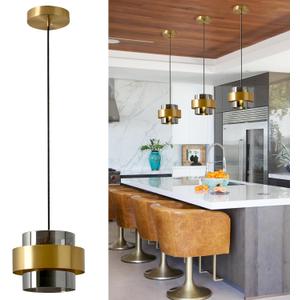 Modern Pendant Light Smoke Gray Glass Pendant Light Gold Hanging Light Fixture Adjustable 1-Light Industrial Pendant Lighting for Kitchen Island Dining Room Bedroom