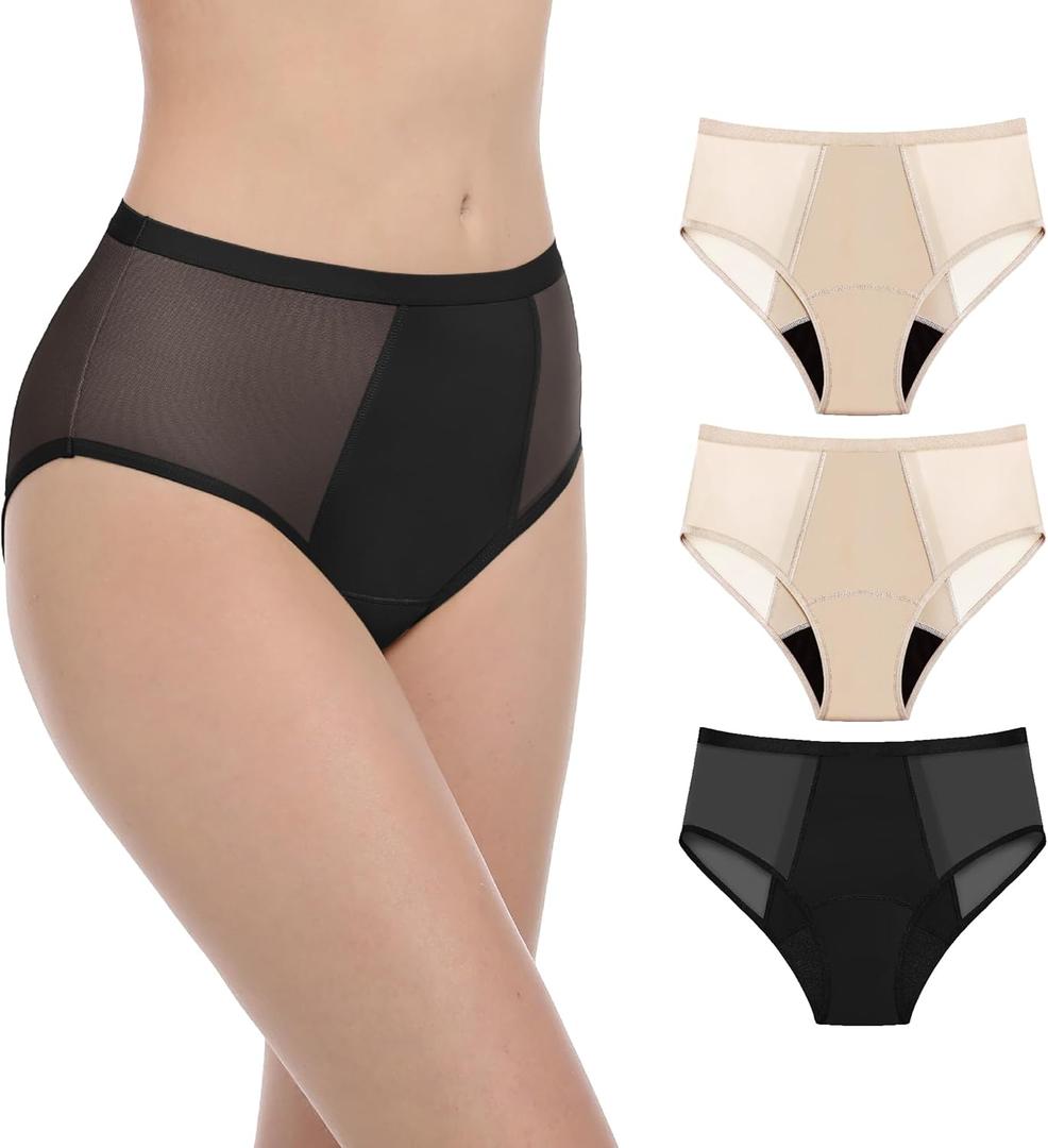 AIRCUTE Washable Women Urine Incontinence Underwear Leak Proof Panties for Bladder Leak with 50 ml Absorbency 3 Pack (1 Black-2 Beige, L)