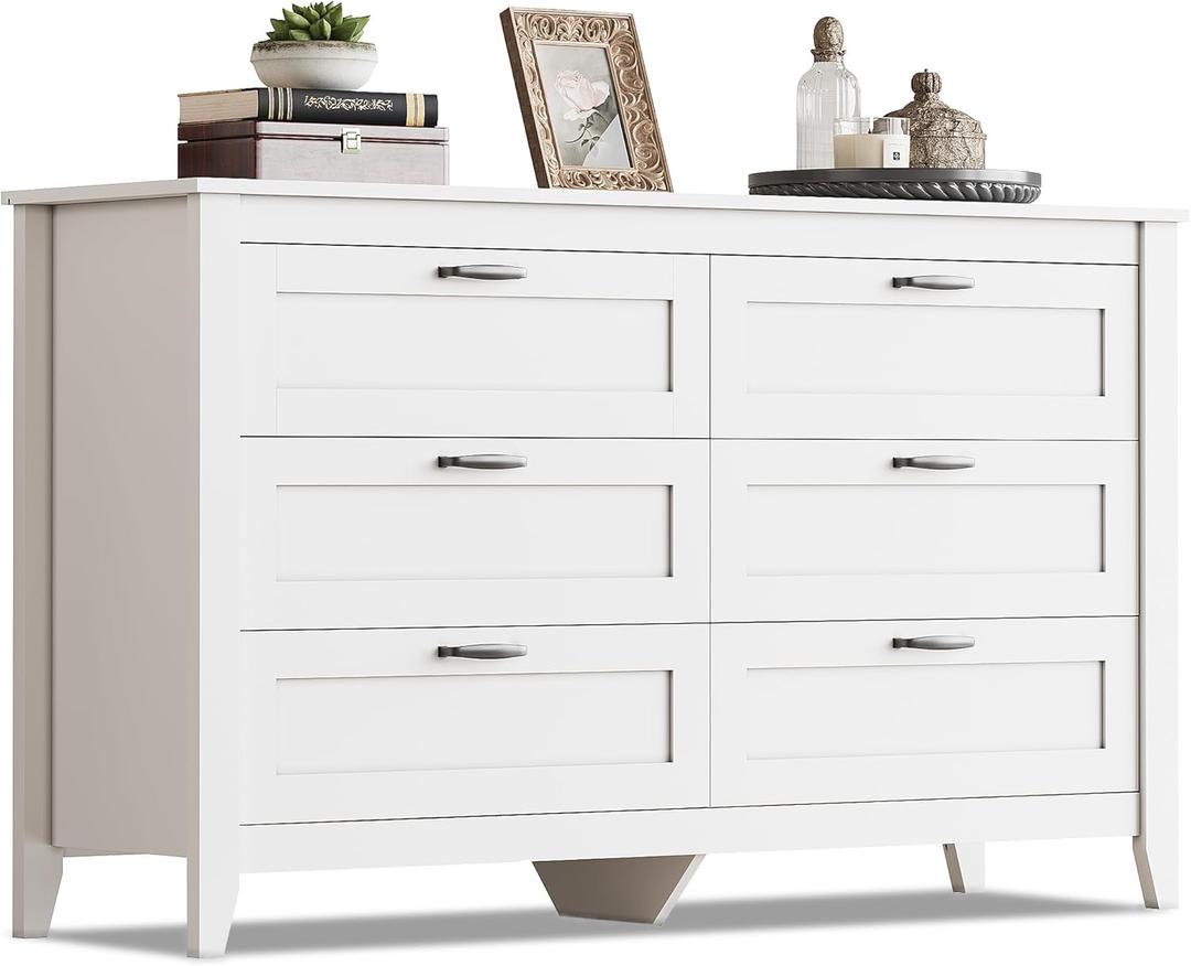 WLIVE 6 Drawer Dresser, Retro Chest of Drawers with Metal Handle, Double Wood Dresser for Bedroom, Living Room, Large Storage Cabinet, White