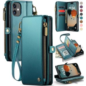 Defencase Compatible with iPhone 11 Case Wallet with RFID Blocking Card Holder for Women Men, Fashion PU Leather Magnetic Snap Flip Zipper Strap Wallet Phone Case Fit for iPhone 11 6.1", Blue Green