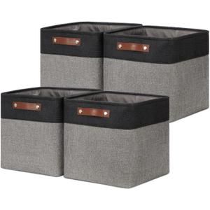 DULLEMELO Cube Collapsible Storage Bins, 12 inch Fabric Storage Cubes Bins Canvas Organization Baskets, Linen Closet Organizers Boxes for Home Organization and Storage (4 Pack - 12" Black&Grey)