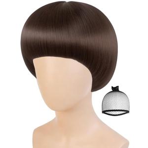 ANOGOL Hair Cap + Short Dark Brown Bowl Cut Wig Brown Mushroom Wigs with Bangs for Men Women Disco Funny 60s Wigs for Movie Halloween Cosplay Costume Party