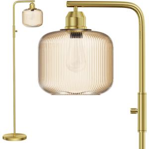 Glass Floor Lamp for Living Room, Modern Standing Lamp with Champagne Gold Ribbed Glass Lampshade, Stepless Dimmable Rotary Switch, 66 Tall Lamp & Gold Floor Lamp for Bedroom Study Room,Brushed Gold