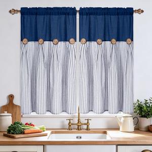 BLEUM CADE Farmhouse Kitchen Curtains 36 Inch, Cotton Linen Cafe Curtains with Rustic Buttons, Boho Small Window Curtains for Bathroom, Blue Stripe Half Window Drapes Over Sink, 2 Panels
