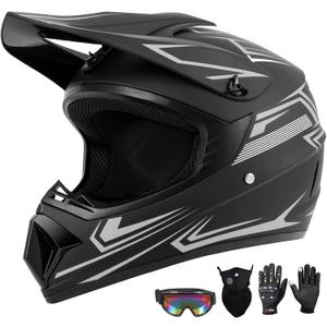 Youth Kids Dirt Bike Motocross Helmet (Goggles Gloves Face Mask) 4PCS Set, DOT Approved Boys Full Face Motorcycle Helmets, ATV BMX MX Mountain Bike Off Road Kid Helmet (Gray, M)
