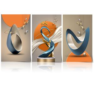 3 Pcs Modern Abstract Canvas Wall art Golden Deer Luxury Foil Lines Paintings Pictures Wall Decor White Blue orange color Grey posters Prints for Living Room Bedroom Office Home Decoration Unframed