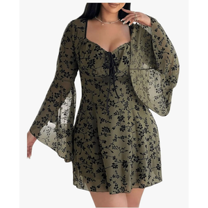 Women's Plus Size Floral Sweetheart Neck Mini Neck Dress Bow Tie Knot Long Sleeve Flowy Boho Dresses, XL