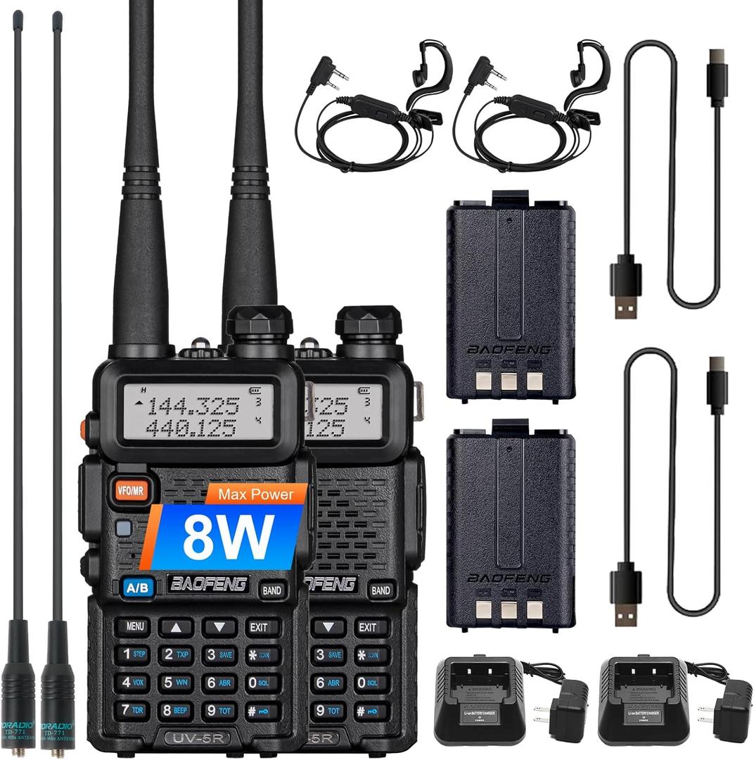 2 Pack BAOFENG UV-5R 8 Watt Ham Radio Handheld Long Range Two Way Radio with USB Charging & Long Antenna,Dual Band Ham Radio Baofeng Walkie Talkie