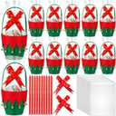 Hahafelt 12 Pcs Christmas Felt Buckets for Gift, Small Christmas Basket Empty with Handle Pull Bow Candy Bag, 3.1 x 4.7 Inch Pails Treats Storage Decorations for Xmas Party Supplies Gift Packaging