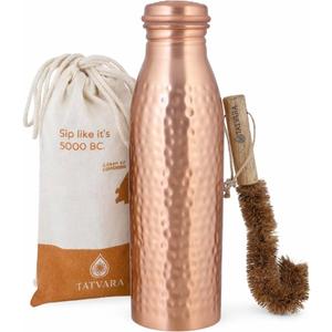 100% Pure Copper Water Bottle 32 oz / 950 ml - Leak Proof Bottle with Gift Pouch, Handmade Hammered Design, BPA Free Reusable Bottle with Cleaning Brush for Yoga Gym Travel