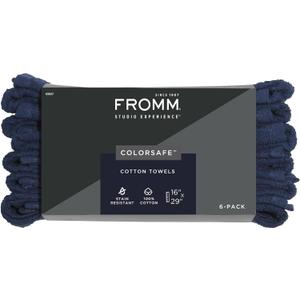 Fromm ColorSafe 100% Cotton Bleach Proof Salon Hair Towels for Hairstylists, Barbers, Spa, Gym in Navy, 16" by 29", 6 Count Absorbent Stain Resistant Towels for Drying Curly, Long, Wavy Hair