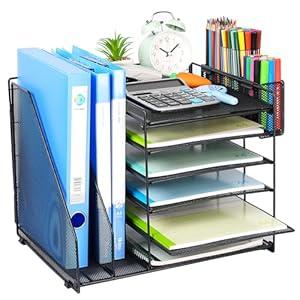 File Organizer for Desk, 6 Tier Desk Organizer Paper Tray with File Holder Pen Holder, Mesh Office Desk Accessories & Workspace Organizers