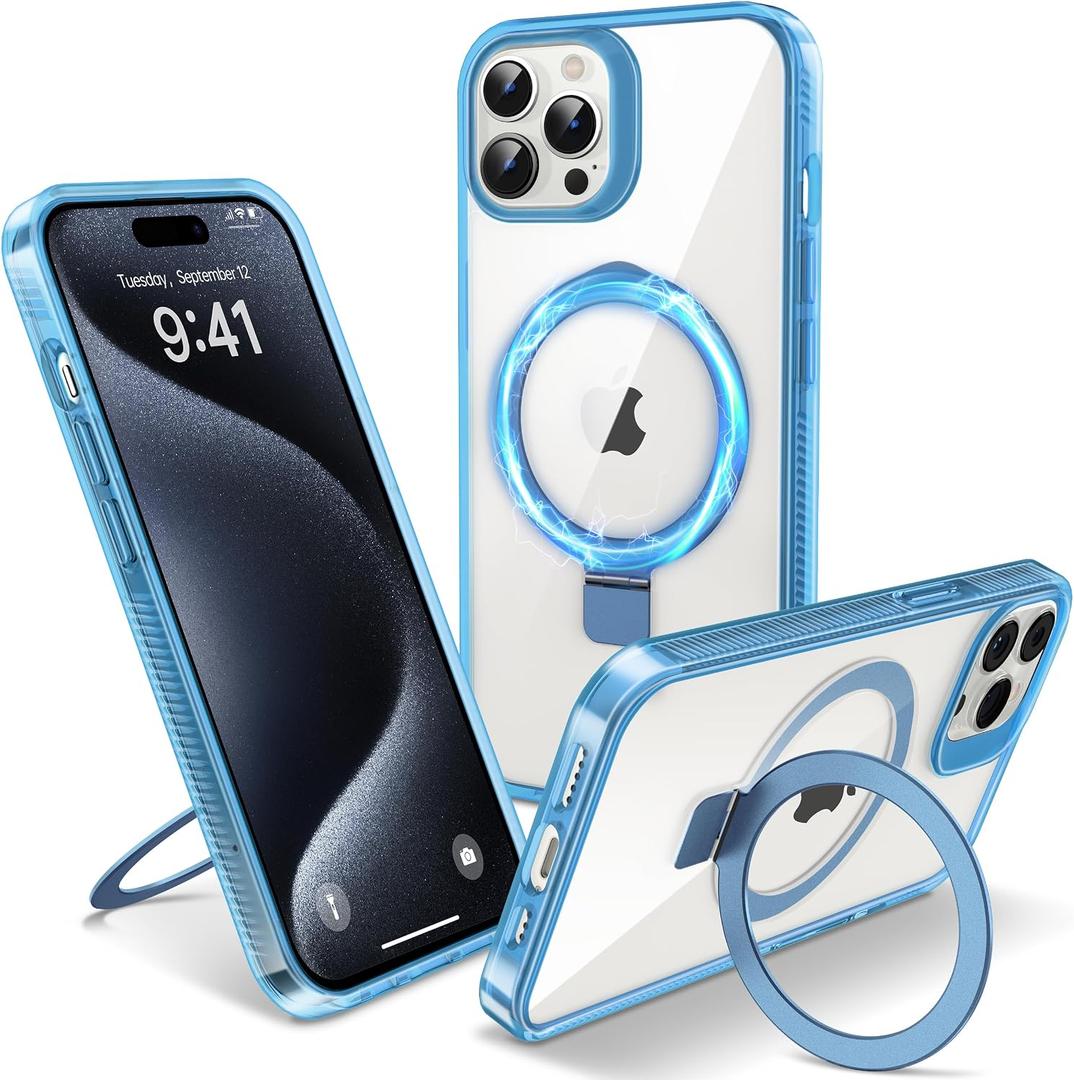 Magnetic Case for iPhone 15 Pro - [Built-in Invisible Stand] [Compatible with MagSafe] [Military Grade Drop Protection] Anti-Yellowing Hard Back Silicone Edge Cover, 6.1", Clear Blue