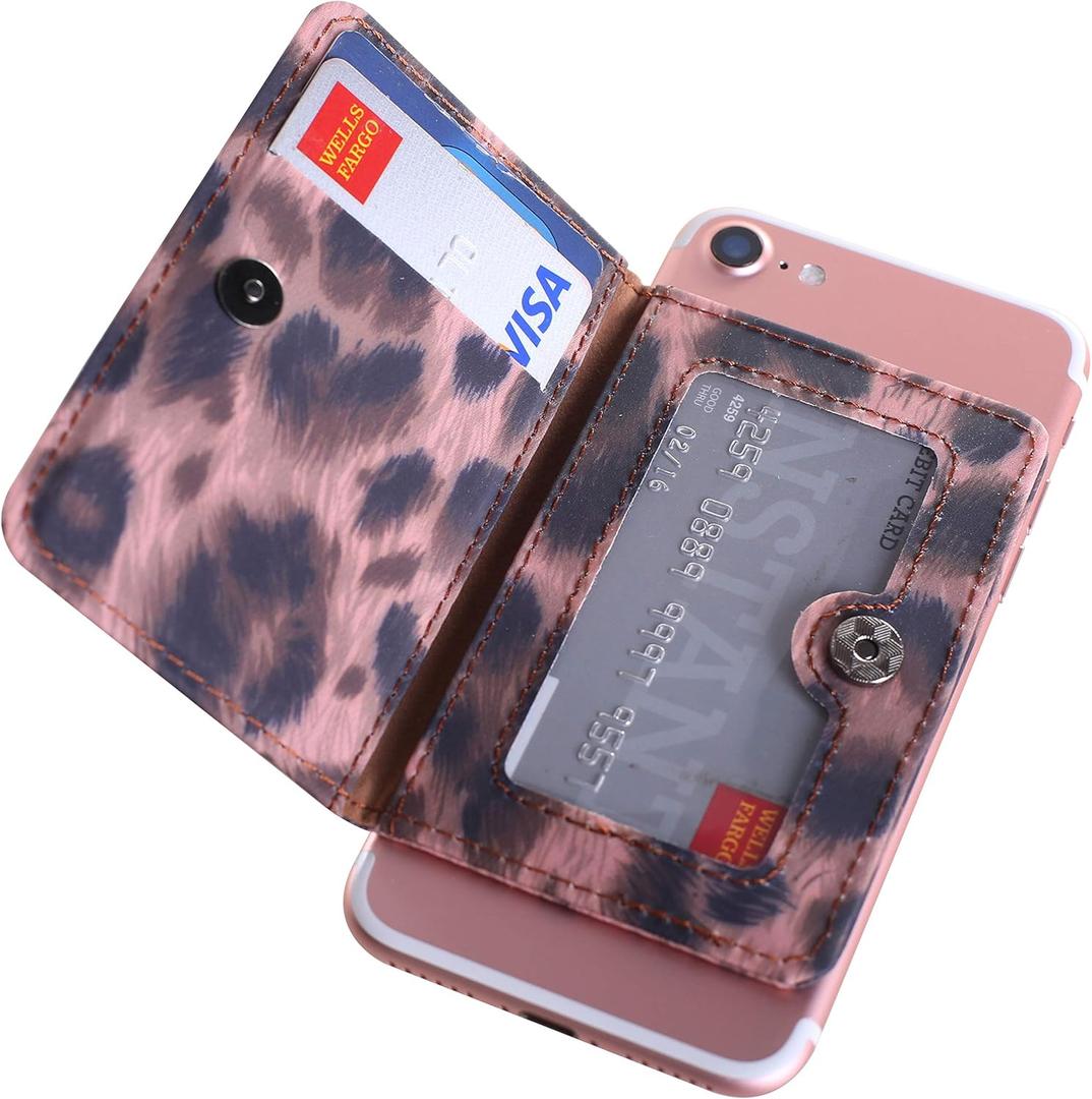 2 x CheapSunday ID Card Holder for Back of Phone Leather Phone Wallet Stick On with Stand Flip Waterproof Leather Adhesive Wallet for Most Cellphones (Leopard Small)