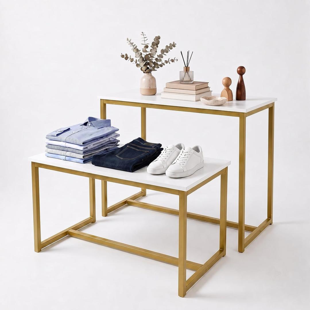 Set of 2 Nesting Rectangular Retail Display Tables with Gold Iron Frame and White Wood Board, Stacking Structure for Merchandise Exhibits, Weddings, and Party Decor, 39.37x15.75" and 31.5x15.75"