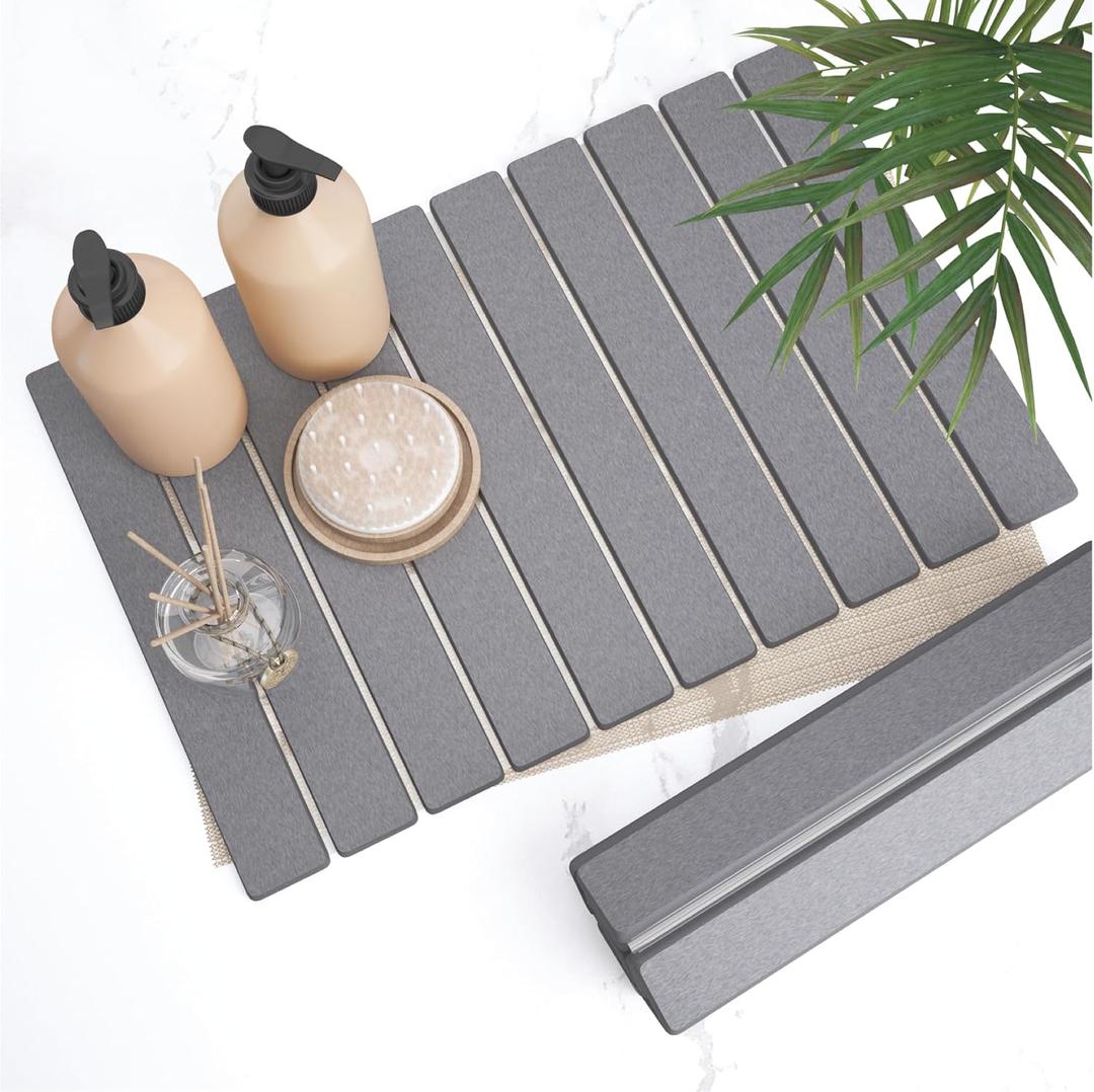 Stone Bath Mat for Bathroom  Roll-Up & Foldable | 23.62" x 15.75" | Quick Drying & Super Absorbent | Long Diatomite Stone Drying Mat for Kitchen| Non-Slip | Durable | Gray (Grey)