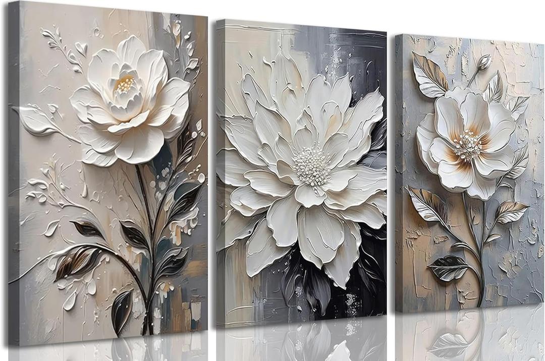 3Pcs Modern Abstract Flower Canvas Wall Art Black white roses Paintings Pictures Wall Decor Elegant White Blooming Flowers Posters Prints Artwork for Living Room Bedroom Home Decoration 1624in