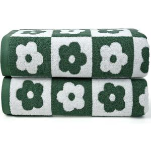 Jacquotha Green Bath Towels Set of 2 Checkered Floral - Quick Dry Cotton Towels Decorative Bathroom Essentials for Women Men Kids Gifts 27.5x55 Inches